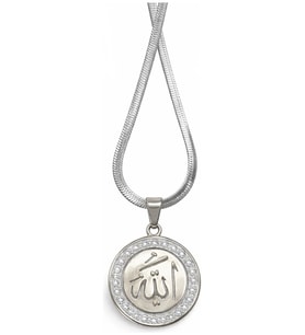 Allah Yazılı Zirkon Taşlı İtalyan Zincirli Yuvarlak Çelik Kolye