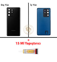 Samsung Galaxy S20 Ultra Siyah Renk Lensli Arka Kapak + B7000 Yapıştırıcı Arka Cam Batarya Kapağı Pil Kapağı Lazer Kesim Back Cover Galaxy S20 Ultra Uyumlu