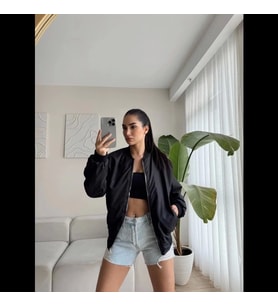 Unisex İçi Astarlı Düz Bomber Ceket - Siyah
