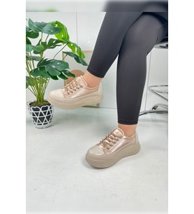 Günlük Kadın Sneaker Taşlı Bağcıklı Kalın Taban Rugan Spor Ayakkabı  775 (Bej)