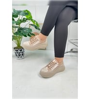 Günlük Kadın Sneaker Taşlı Bağcıklı Kalın Taban Rugan Spor Ayakkabı  775 (Bej)