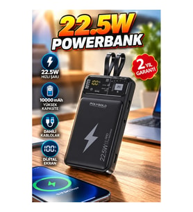 Polygold PG PW210 10000 mAh Powerbank – 22.5W Hızlı Şarj, Dahili Kablolu ve Dijital Ekranlı