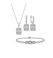 Gümüş Rodyumlu Baget Taşlı Kolye Küpe Ve Bilezik Set