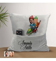 BK Gift Kişiye Özel Yılbaşı Sevgili Karikatür Tasarımlı Organizer Kumanda ve Atıştırmalık Cepli Gri Kırlent Yastık-1 Arkadaşa Hediye, Cepli Yastık