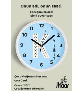 İsme Özel K Harfi Çocuk Odası Duvar Saati Orta Boy 30 cm Beyaz Camlı Sessiz