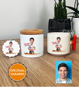 Kişiye Özel Karikatürlü Aşçı Hediye Seti T Kupa, Kalemlik, Anahtarlık Erkek Aşçıya Hediye (Turuncu)
