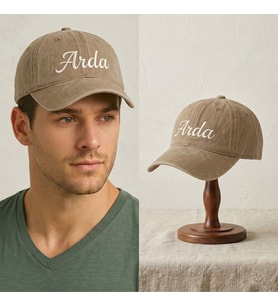 BK Gift Kişiye Özel İsim Nakışlı Vintage Kahverengi Beyzbol Şapkası Unisex Eskitme Kumaş Metal Tokalı