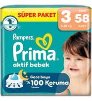 Prima Aktif Bebek Bebek Bezi 3 Beden 6-10 KG Midi 58 Adet Süper Pk