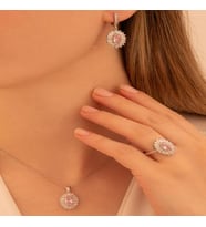 Kadın Gümüş Set - Damla Model Pembe Zirkon Taşlı Baget Süslemeli Rodyumlu Kadın Set