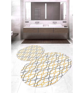 Dijital Baskılı Kaymaz Taban Yıkanabilir Oval 2'li Klozet Takımı Banyo Paspası NOKZ-HY-1053 (Krem)