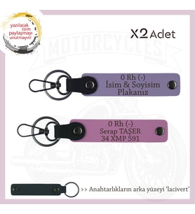 Motor Severlere Özel, İsim Plaka ve 0 Rh (-) Kan Grubu Yazılı x2'li Anahtarlık Takım, Mor-Pembe-Laci (Çok Renkli)