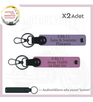 Motor Severlere Özel, İsim Plaka ve 0 Rh (-) Kan Grubu Yazılı x2'li Anahtarlık Takım, Mor-Pembe-Laci (Çok Renkli)