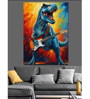 Gitar Çalan Mavi Dinozor Dekoratif Kanvas - Mdf Ahşap Tablo