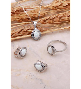 Opal Taşlı Gümüş Üçlü Set 2435 (Beyaz)