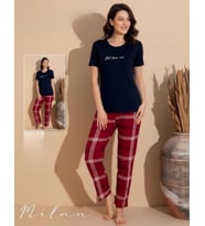 Boyraz Slim Fit Dar Kesim Kadın Milan Bisiklet Yaka Kısa Kol Pijama Takımı 11006L - 1 Adet (Lacivert)