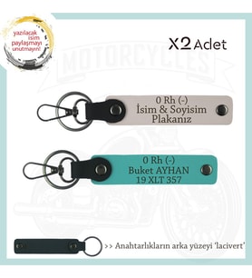 Tek Teker, İsim Plaka ve 0 Rh (-) Kan Grubu Yazılı Kişiye Özel x2 Anahtarlık, Pudra-K Turkuaz-Laci (Çok Renkli)