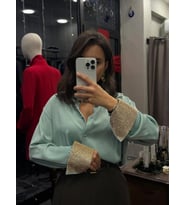 Kolu Taşlı Saten Kadın Gömlek - Mint Yeşili
