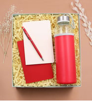 Kişiye Özel Deri Kılıflı 500 Ml Su Matarası & Kişiye Özel Touch Pen & 2'li Dikişli Mini Not Defteri Hediye Seti (Kırmızı)