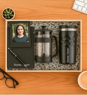 Kişiye Özel Fotoğraflı Çerçeve,Defter,Kalem,French Press Ve Termos Hediye Seti (Siyah)