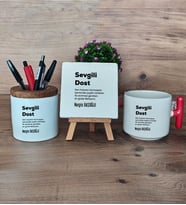Sevgili Dost Hediye Sepeti Kupa Bardak T Kulplu, Kalemlik ve Dekoratif Taş Arkadaşa Hediye, Dosta Hediye (Model 1)