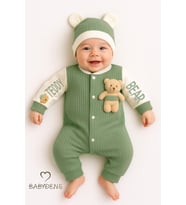 BABYDEN'S Teddy Bear Temalı Yenidoğan Fitilli Tulum Takımı Ayıcıklı Erkek Bebek Tulum Şapka Set %100Pamuk (Haki)