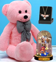Pembe Peluş Ayıcık, Kişiye Özel Led Işıklı Fanus ve Renkli Zümrüdü Anka Kuşu Kolye (Model 7)