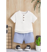 Unisex Bebek Çocuk %100 Pamuklu Çizgili Düğmeli Müslin 2'li Şortlu Takım - Bej