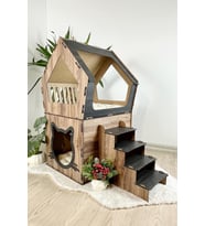 Mavitrend Ahşap Büyük Kedi Evi XXL Açık Teraslı Model 5 Kg Üstü Kediler İçin Kahve- Siyah Renk (Kahverengi)