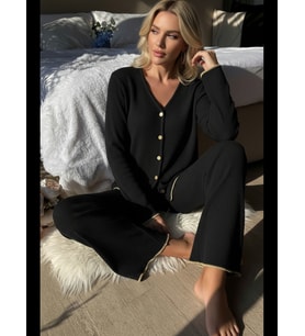 Fantezia Night Premium Kadın Fitilli Pijama Takımı – Siyah Gold Biye Detaylı, Yumuşak Dokulu Ev Şıklığı