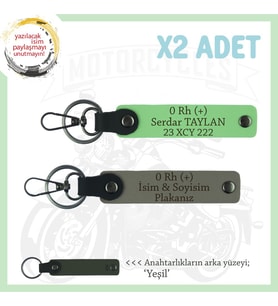 Motorcu Dostlara İsim Plaka ve 0 + Kan Grubu Yazılı Hediye x2 Anahtarlık Takım, Kül Gri-F Yeşil-Ysl (Çok Renkli)