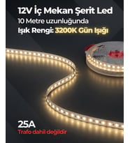 12V İç Mekan Şerit Led 10 Metre 3200K Gün Işığı Kesilebilir LED Şerit Trafo Hariç