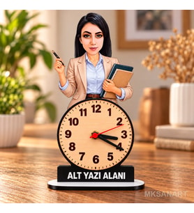 Kadın Öğretmen Karikatürlü Kişiye Özel Karikatürlü 18 cm MDF Dikey Masa Saati - Öğretmen Hediyesi Öğretmenler Günü Hediyesi