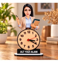 Kadın Öğretmen Karikatürlü Kişiye Özel Karikatürlü 18 cm MDF Dikey Masa Saati - Öğretmen Hediyesi Öğretmenler Günü Hediyesi