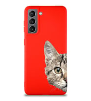 Samsung Galaxy S21 Soft Premier Kapak Catface Tasarımlı Silikon Kılıf - Kırmızı (Şeffaf)