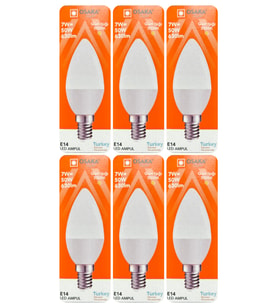 (6 Adet) Osaka 7W (50W) Sarı Işık (3000K) E14 Duylu (İnce Duy) Led Mum Ampul