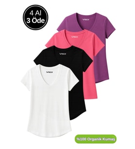 Kadın 4'lü Paket Siyah-Beyaz-Mor-Pembe %100 Organik Pamuk Tişört V Yaka T-Shirt