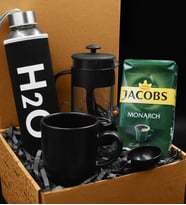 Özel Kılıflı Cam Şişe Matara & Siyah Kupa & French Press & 250 Gram Jacobs Filtre Kahve Hediye Seti