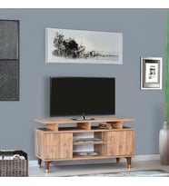 Mega Tv Sehpası Atlantik Çam Kapaklı Raflı Gold Detaylı Sehpa 130x36x59 Cm
