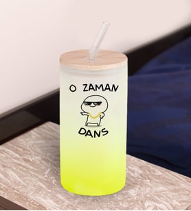 BK Gift O Zaman Dans Tasarımlı Sarı Renk Pipetli Buzlu Cam Bardak 600ml, Arkadaşa Hediye, Doğum Günü Hediyesi