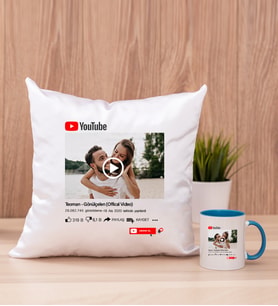 Kişiye Özel Youtube Tasarım Fotoğraflı Kare Yastık ve Mavi Kupa