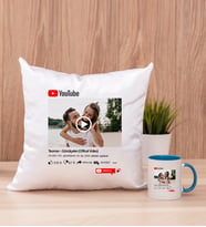 Kişiye Özel Youtube Tasarım Fotoğraflı Kare Yastık ve Mavi Kupa