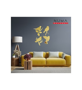Modern 4'lü Kuş Ahşap MDF üzeri  Aynalı Gold Pleksi