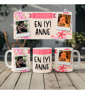 Kişiye Özel Fotoğraflı En İyi Anneler Hediyesi Kupa Bardak, Çiçekli İsimli Fotoğraflı Bardak, 330ml, Beyaz (Doğal Beyaz)