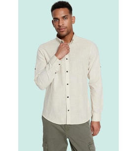 Erkek Keten Görünümlü Düğmeli Yaka Apolet Detaylı Slim Fit Uzun Kollu Yazlık Pamuklu Gömlek