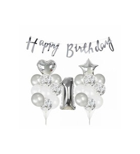 1 Yaş Metalik Gümüş Kaligrafi Happy Bırthday Yazılı Gümüş Konfetili Balon Seti