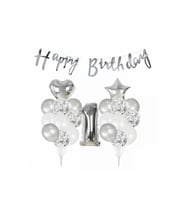 1 Yaş Metalik Gümüş Kaligrafi Happy Bırthday Yazılı Gümüş Konfetili Balon Seti