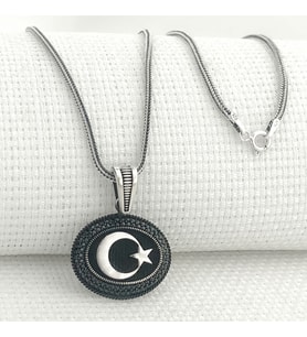 925 Ayar Gümüş Siyah Taşlı Ayyıldız Kolye