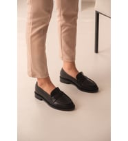 Runa Siyah Deri İnce Taban (3cm) Loafer Kadın Ayakkabı (Siyah Cilt)