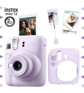 Instax mini 12 Lila Fotoğraf Makinesi-10'lu Film-Kıskaçlı Resim Standı ve Silikon Kılıf Seti