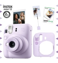 Instax mini 12 Lila Fotoğraf Makinesi-10'lu Film-Kıskaçlı Resim Standı ve Silikon Kılıf Seti